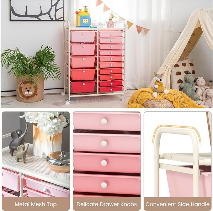 RELAX4LIFE 15-Drawer Storage Drawer Carts - Mobile Rolling Utility Cart w/Wheels, Craft Organizer for Classroom Organization and Storage, School, Office, Home, Storage Organizer Cart (Gradient Pink) - Image 6