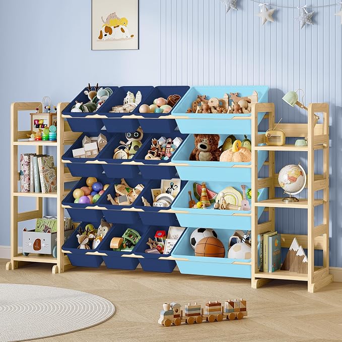 EXPERLAM Extra Large Toy Storage - Toy Storage Organizer, Wooden Toy Organizer with 6 Side Shelves and 16 Bins, 3-in-1 Bookshelf for Kids Rooms, Playroom, Nursery, Blue by EXPERLAM