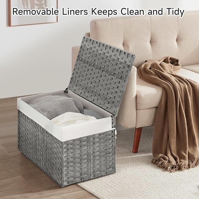180L Wicker Storage Basket with Lid, Handwoven Rattan Large Shelf Basket with Removable Liner, 47.6 Gallon Wicker Basket for Blanket, Storage Trunk with Handle for Closet, Bedroom, Livingroom, Grey - Image 2