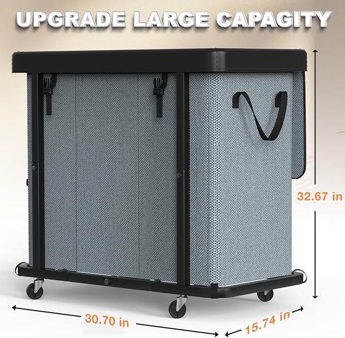 Laundry Basket with Wheels, 230L(60Gal) Laundry Sorter 3 Section - Gray | Leather Patchwork Laundry Hapmer, Sturdy Metal Frame, Removable Washable Bag, Tall Clothes Sorter for Bedroom - Image 6