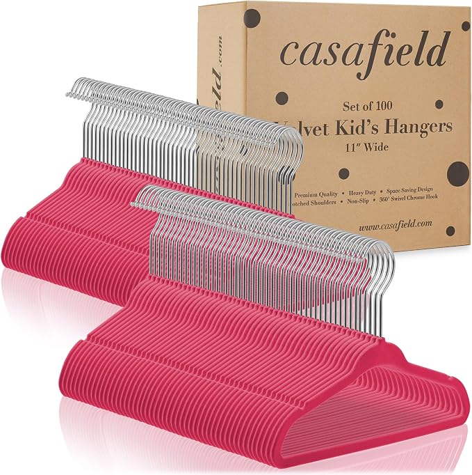 Casafield 100 Velvet Baby Hangers - 11" Size for Infant & Toddler Clothes - Pink - Image 4