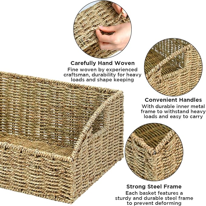 Pantry Baskets Organization, Wicker Storage Basket Green | Handwoven Pantry Organizers and Storage with Built-in Handles, Laundryroom Organization Storage Bins for Snack Cans - Image 3