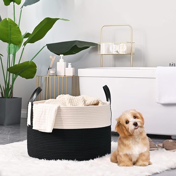 KAKAMAY Large Blanket Basket (20"x13"),Woven Baskets for storage Baby Laundry Hamper, Cotton Rope Blanket Basket for Living Room, Laundry, Nursery, Pillows, Baby Toy chest (White/Black) | Extra Large Capacity | Natural Cotton Rope | Blanket Storage | W... - Image 2