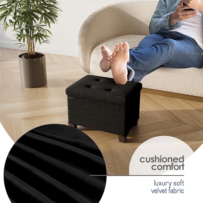 Storage Ottoman Cube with Small Bin, 16-in Square Ottoman with Storage for Living Room and Bedroom, Small Ottomans Foot Rest, Velvet Foot Stools Ottomans Max 330lbs, Black - Image 7