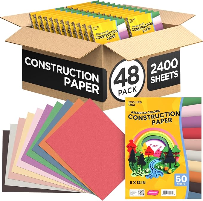 Construction Paper Assorted Colors (2400 Sheets) 9x12 Construction Paper Bulk for Arts Crafts 50 Sheets Per Pack School & Classroom Supplies (48 Pack) by E-CLIPSUSA