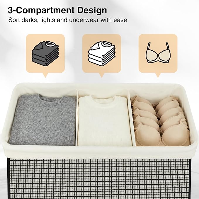 STO STO 3 Section Laundry Hamper with Lid, 180L Steel-Frame 3 Compartment Laundry Sorter with Removable Washable Liner, Breathable Large Laundry Basket for Bedroom, Bathroom, Laundry Room, Dorm - Image 5