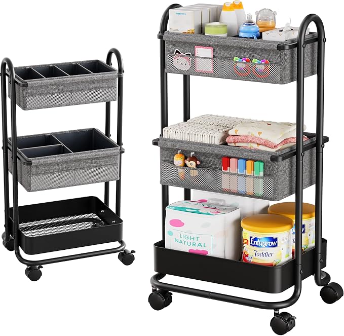 Modanais Baby Diaper Caddy Organizer Cart - 3 Tier Rolling Cart, Black | Lockable Wheels, Baby Essentials Nursery Storage, Detachable Dividers - for Crib, Bedroom, Art & Craft Organizer by HomeOrganizersandStorage