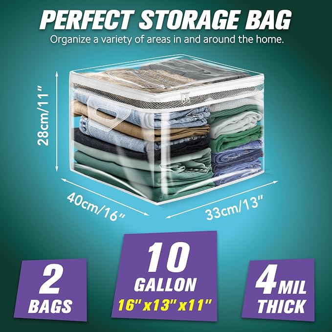 HIBAG 10 Gallon Large Storage Bag for Clothes, Zipper Clothing Storage Bag, Clear Organizer with Reinforced Handles, for Closet and Underbed Storage (2 Pack) - Image 2