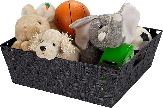 Simplify Large Shelf Woven Strap Tote | Decorative Storage Basket | Built in Handles | Organization | Closet | Bedroom | Bathroom | Nursery | Accessories | Toys | Gifts | 2 Pack | Black - Image 7