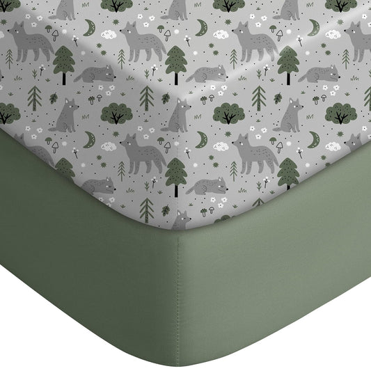 Yoofoss Pack and Play Sheets Fitted, Mini Crib Sheets 2-Pack for Pack N Play Mattress, Stretchy Playard Sheet, Soft and Breathable Gray-Green+Fox