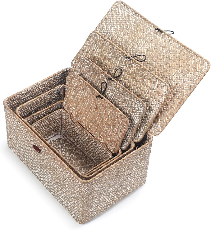 Wicker Basket with Lid, Seagrass Storage Basket, Woven Decorative Storage Baskets for Shelf Organizing, Whitewash - Image 6