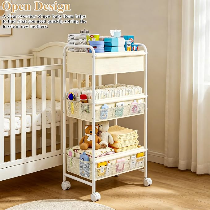 3-Tier Baby Diaper Caddy Cart Organizer,Mobile Nursery Storage Carts with Wheels,With 2 Dividers&14 Mesh Pockets Durable Metal Utility Cart for Nursery, Bedroom, Bathroom, Baby Essentials Organization - Image 4