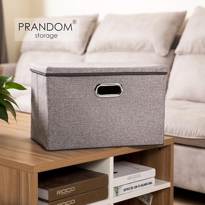 Large Foldable Storage Bin with Lid [1-Pack] Linen Fabric Decorative Storage Box Organizer Containers Basket Cube with Handles Divider for Bedroom Closet Office Living Room (17.7x11.8x11.8) - Image 2