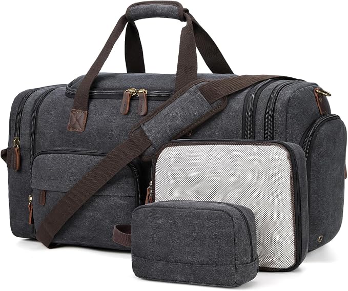 Mens Duffle Bag for Travel, 60L Canvas Expandable Overnight Weekender Bag | Shoe Compartment, Carry-On Size, Multiple Pockets, Detachable Strap, Toiletry Bag & Packing Cube Include, Dark Gray by PPOBOW