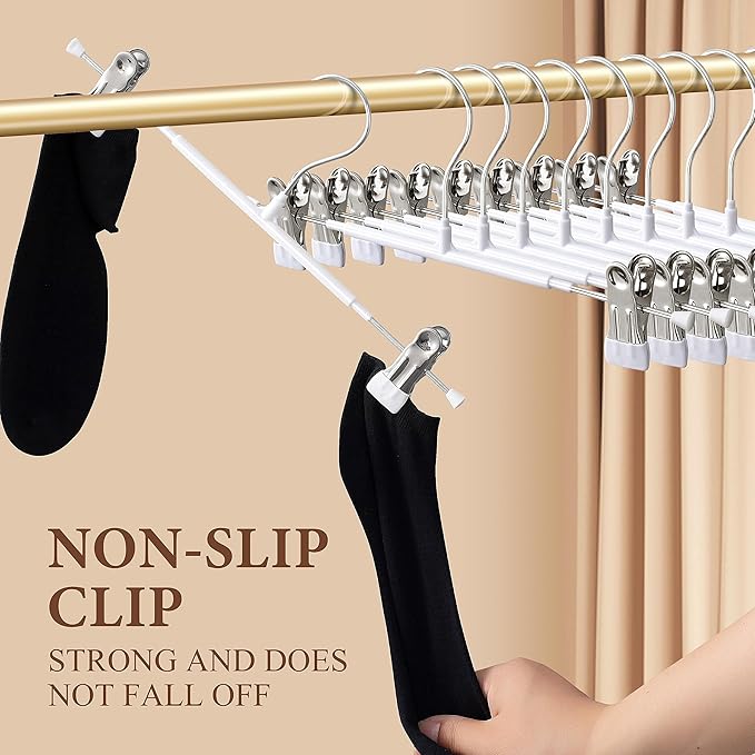 Pants Hangers with Clips Skirt Hangers 14 Inch 10 Pack, White | Non-Slip,Adjustable metal clips,Space-Saving,Heavy duty, for pants/skirt/dress/trousers/jeans/shorts/Clothes,Women,men - Image 2