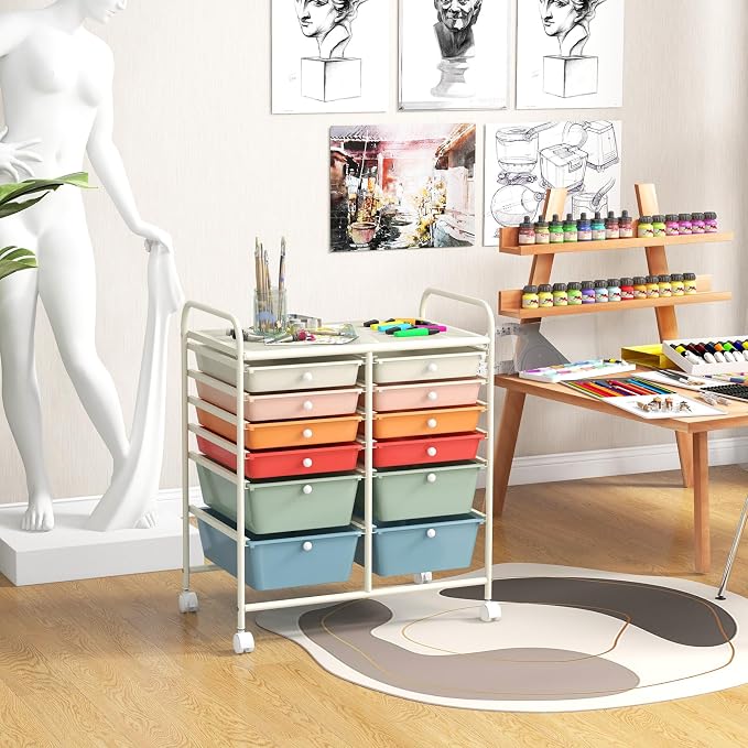 12 Drawer Rolling Storage Cart, Craft Cart Organizer on Wheels w/Metal Frame, Large Capacity & Smooth Drawer, Rolling Cart w/Drawers for Classroom, Office - Image 2