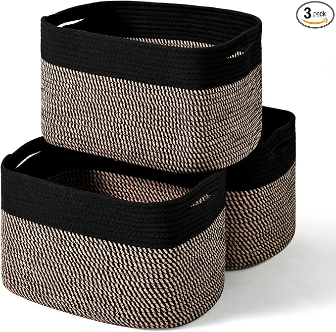 ICERZCZ Storage Baskets for Organizing Shelves, Toy Basket for Kid's Room, Woven Cotton Rope Basket for Decor, Organizing Baskets for Bedroom Living Room, 15"x11"x9.5", 3 Packs, Black & Jute by ICERZCZ
