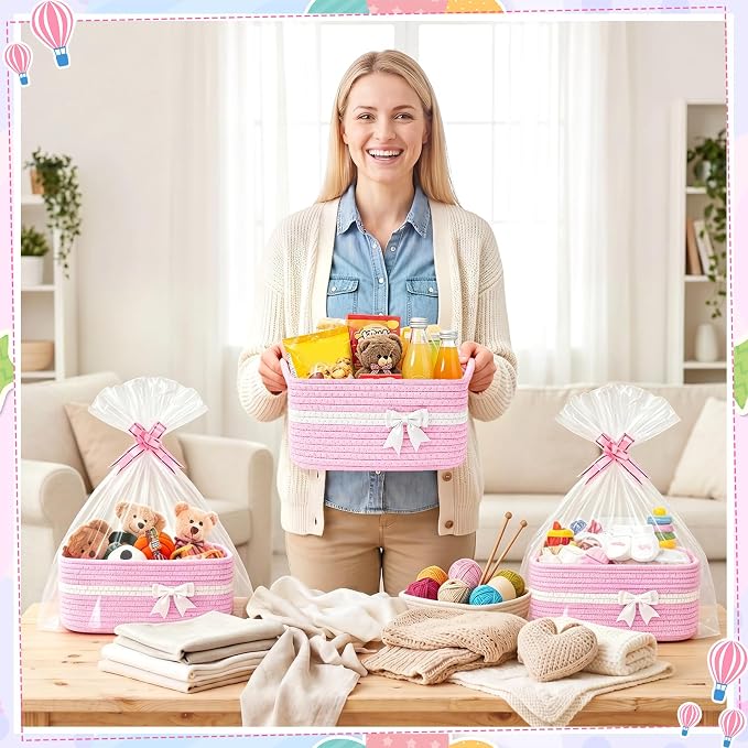 10 Pack Empty Gift Baskets, 12x8x5 Small Pink Woven Cotton Rope Baskets with Gift Bags & Ribbons, Decorative Baby Shower Hamper, Nursery Storage Basket with Handles for Shelves - Image 5