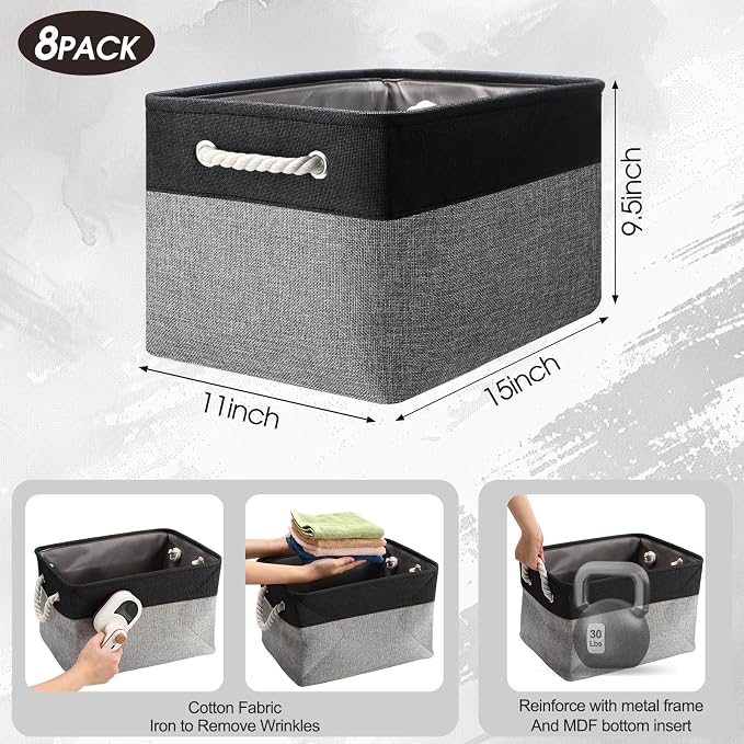 meekoo 8 Pack Collapsible Storage Bins Fabric Storage Bins Polyester Fabric Baskets with Handles Linen Closet Organizer for Shelf Home Closet Towels Toys(15 x 11 x 9.5 in,Black Gray) - Image 2