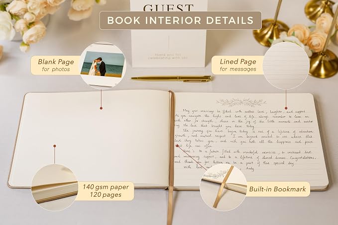 Floral Embossed Wedding Guest Book Set - 9 x 7.5 Hardcover Guestbook for Wedding Reception Sign in, Messages, Bridal Shower Engagement Party (Champagne Gold) - Image 5