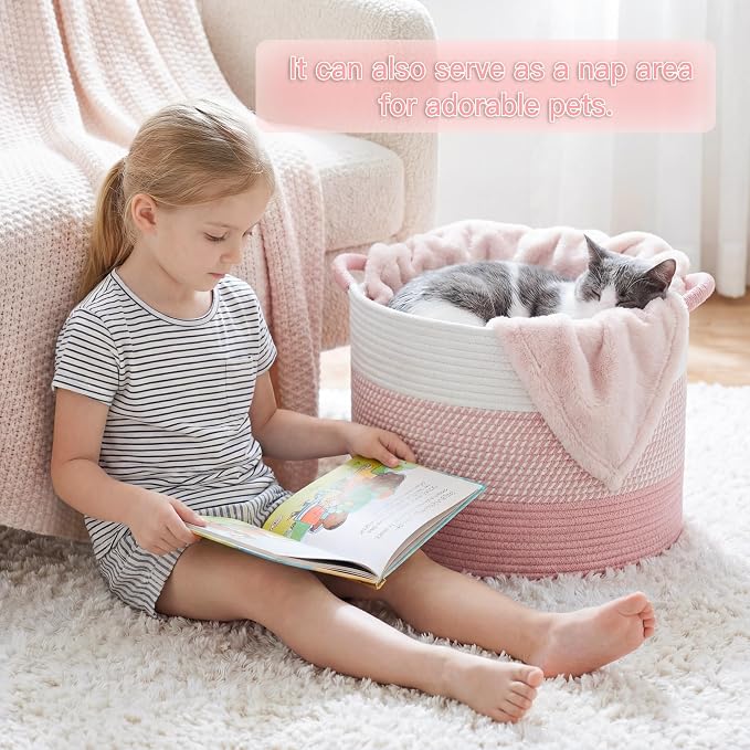 Artfeel 40L Large Cotton Rope Basket, Decorative Woven Blanket Storage for Living Room, Boho Toy Storage & Toy Box for Kids, Versatile Laundry Basket & Nursery Hamper for Blankets(Pink) - Image 3