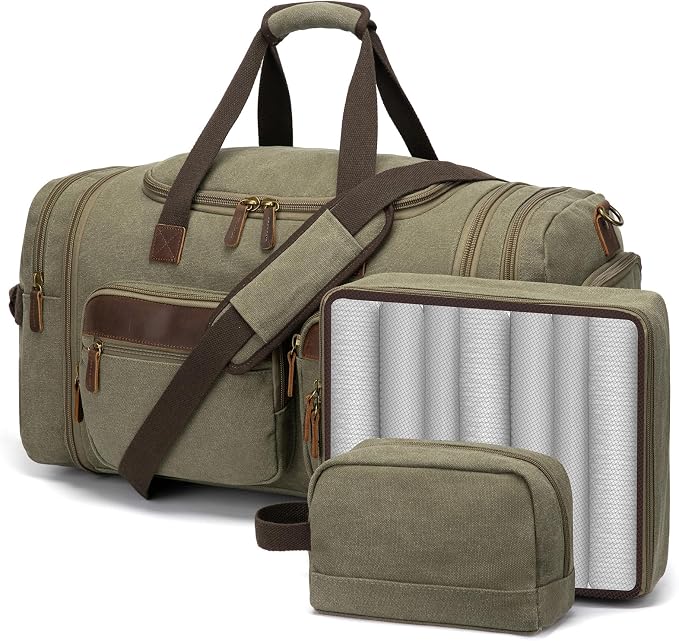 Mens Duffle Bag for Travel 60L Expandable Canvas Weekender Overnight Travel Duffel Bag with Shoe Compartment Carry-On for Airplanes Army Green by PPOBOW