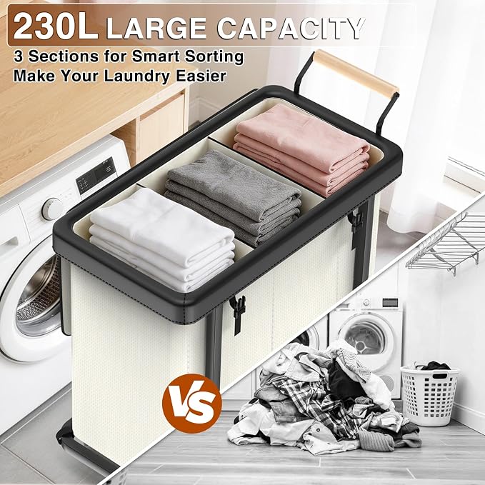 Rolling Laundry Hamper with Wheels,Laundry Hamper 3 Section with Lid Beige | Laundry Basket with Rolling Lockable Wheels and Handle, Laundry Basket Organizer for Laundry Room, Bedroom 60Gal - Image 4