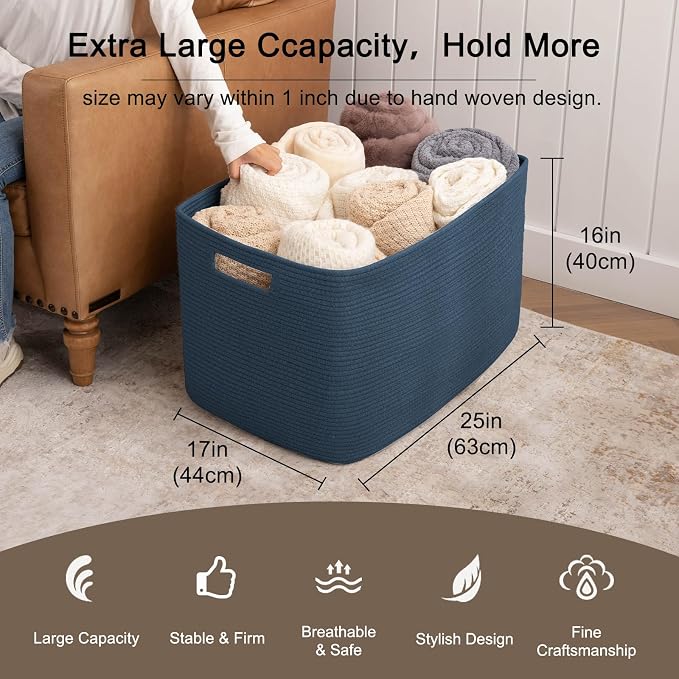 OIAHOMY 118L XXXLarge Cotton Rope Storage Basket, Oversized Blanket Basket, Used for Organizing Dirty Clothes in Living Room, Bedroom, Nursery, Dog Toy Storage Bins, 25" x 17" x 16",Blue - Image 3