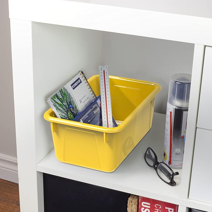 Storex Small Cubby Bins – Plastic Storage Containers for Classroom with Non-Snap Lid, 12.2 x 7.8 x 5.1 inches, Yellow, (62410U05C) (Pack of 5) - Image 4