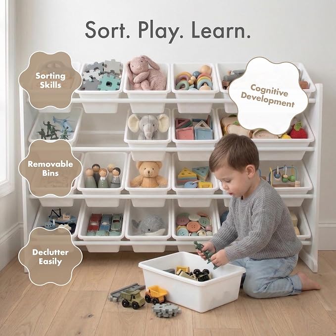 Humble Crew Kids Toy Organizer with 20 Bins, 4 Tier Storage for Playroom | Sturdy wood and steel toddler shelf, removable BPA-free containers, wall anchor anti-tip safety kit for bedroom or classroom - Image 5