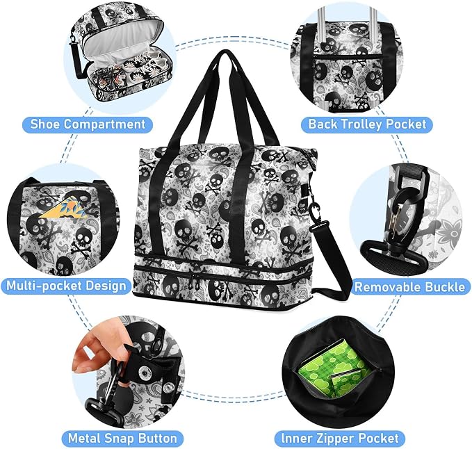MNSRUU Travel Duffel Tote Bag Skulls Black Grey Paisley Sports Duffel Bag with Wet Pocket Weekender Overnight Bag for Women Men Gym Bag, Carry On Bag Hospital Bag for Labor & Delivery - Image 4