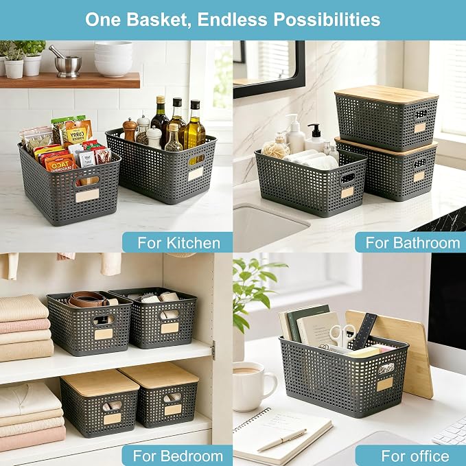2 Pack Tall Plastic Storage Bins with Bamboo Lids, 10.8qt Stackable Storages Baskets for Organizing Desktop Closet Playroom Classroom Office, 12"L x 8.3"W x 6.1"H, Gray - Image 5