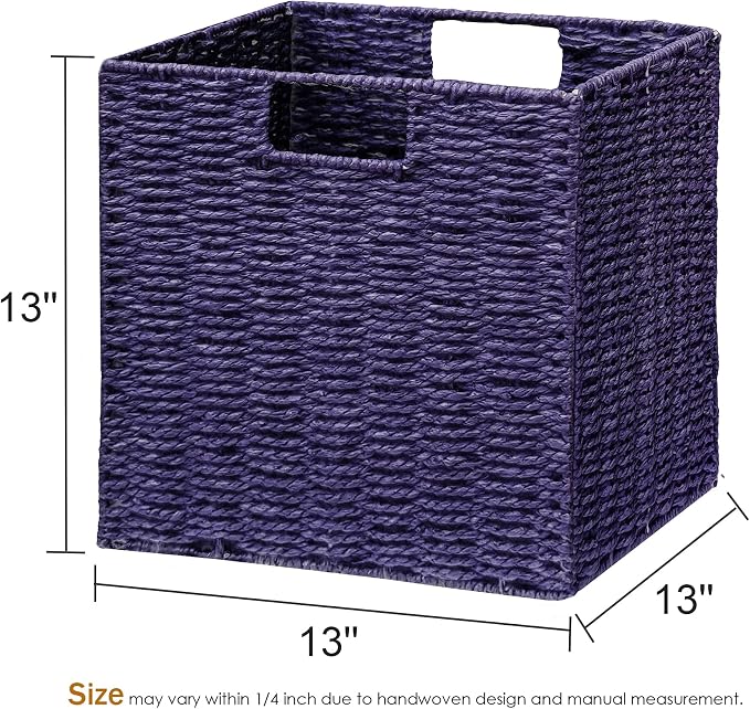 Wicker Storage Basket, Set of 2 Hand-Woven Paper Rope Wicker Basket, Foldable Cube Storage Bins, Square Large Storage Baskets for Organizing Shelves, Decor, Orange (13″×13″×13″) - Image 3