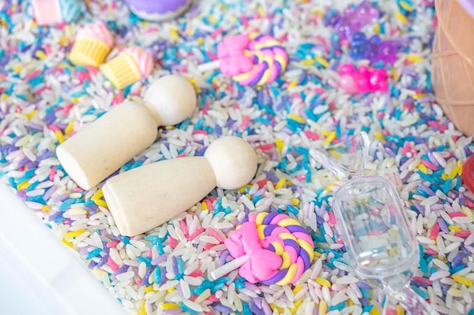 Sweets Shop Sensory Bin Kit for Kids | Bright Rainbow Rice, Candy Erasers, Donut Containers & Wooden Tools – Includes Clear Storage Bin - Image 4