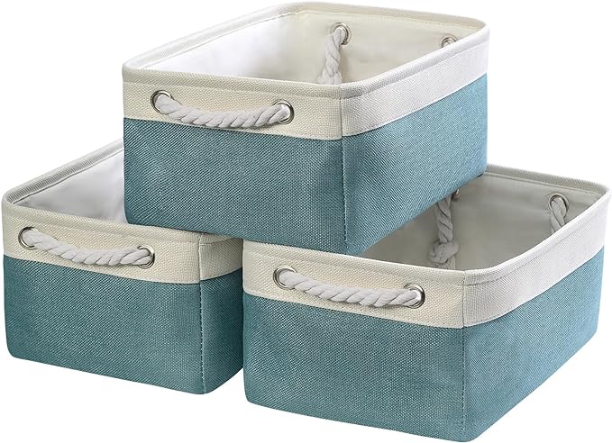 Fabric Storage Bins Baskets for Organizing,Sturdy Storage Basket W/Handles, Decorative Foldable Storage Baskets for Shelves Closet Nursery Toy (White&Teal, Medium - 3 Pack) by TheWarmHome