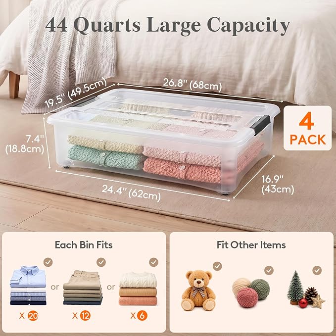 Lifewit 44Qt Storage Bins with Lids, Plastic Large Latches Boxes with Wheels, Clear Totes Tubs Container for Closet Organizers and Storage, Bedroom, Clothes, Craft, 4 Pcs - Image 2