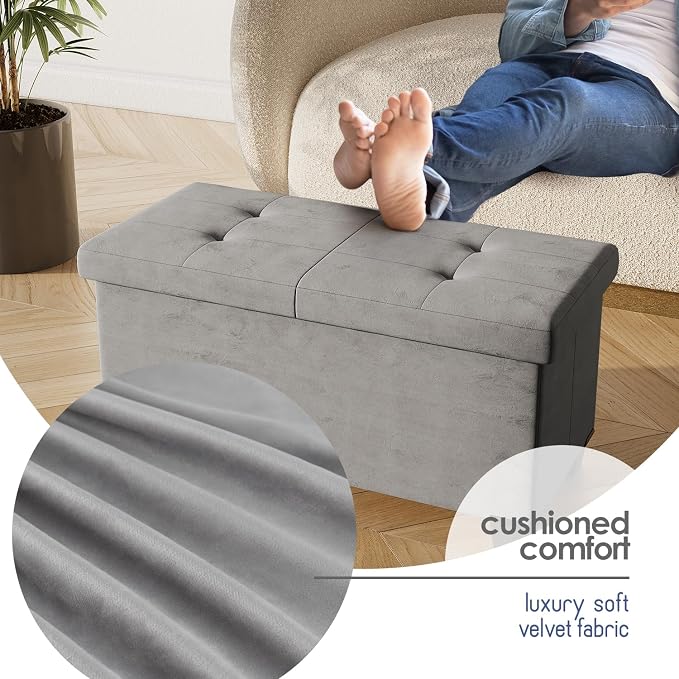 Storage Ottoman Bench with Bins, 30-in Storage Bench for Bedroom End of Bed, Folding Foot Rest Ottoman for Living Room Max 660lbs, Velvet Ottomans, Light Grey - Image 7