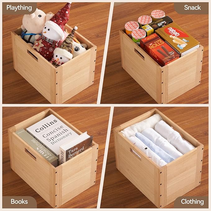 KIRIGEN Stackable Wood Storage Cube with Handles, Open Cubby Bin, Natural | Open-Front Wooden Crate Box for Books, Clothes, Shoes, Closet Storage, and Display for Home Office, Assembly Required - Image 3