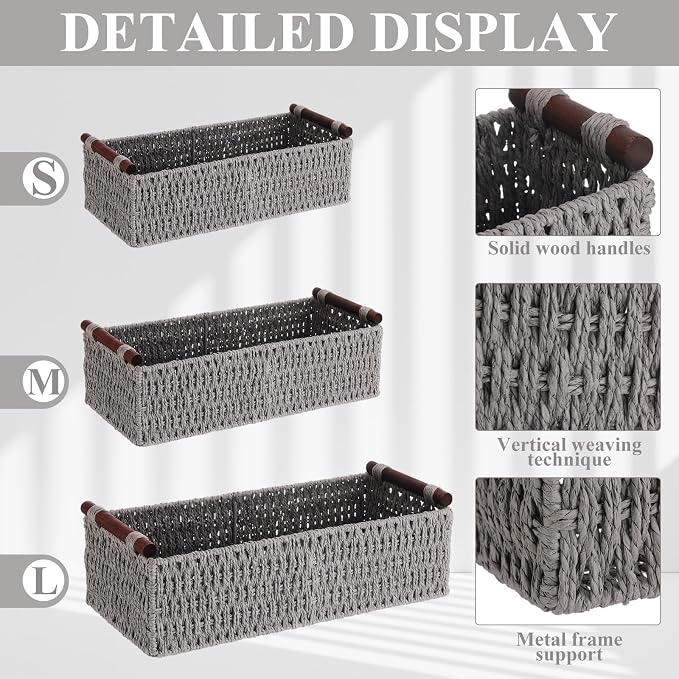 Boao 3 Pcs Boho Storage Wicker Baskets Handmade Woven Decorative Paper Rope Baskets for Organizing with Handle Countertop Toilet Paper Storage Container for Toilet Tank Top(Grey,Rectangle) - Image 3