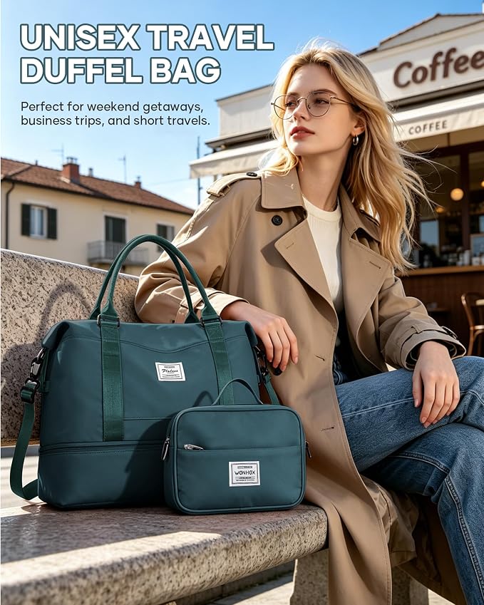 Travel Duffel Weekender Bag Women Tote Carry On Bags With Shoe Compartment | 18x14x8 inches Travel Overnight Bags with Trolley Sleeve for Airplanes Waterproof Sport Tote Gym with Toiletry Bag Blue - Image 9