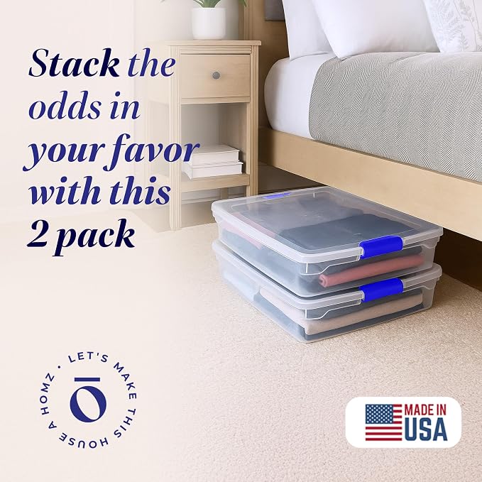 HOMZ 2-Pack Under Bed Storage, Clear Plastic Containers with Lids, 56 Quart, Blue Latch - Stackable Underbed Organizer Bins for Shoes, Bags, Clothes, and Towels - Image 2