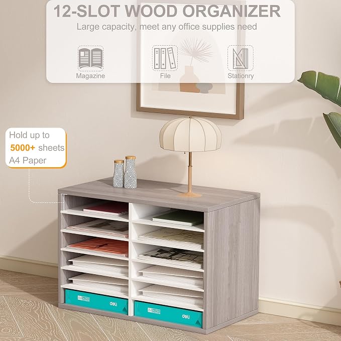 EasyPAG 12 Compartments Wooden Literature Organizer with Adjustable Shelves, 6000 Sheets Capacity Paper Organizer, Classroom Mailbox and Mail Sorter for Teachers and Office, Retro Gray/White - Image 3