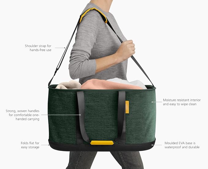 Joseph Joseph Hold-All Collapsible 45L/11.89 Gallon Outdoor Washing Laundry Basket with Shoulder Strap, Durable Fabric, Waterproof Base (Dark Green) - Image 5
