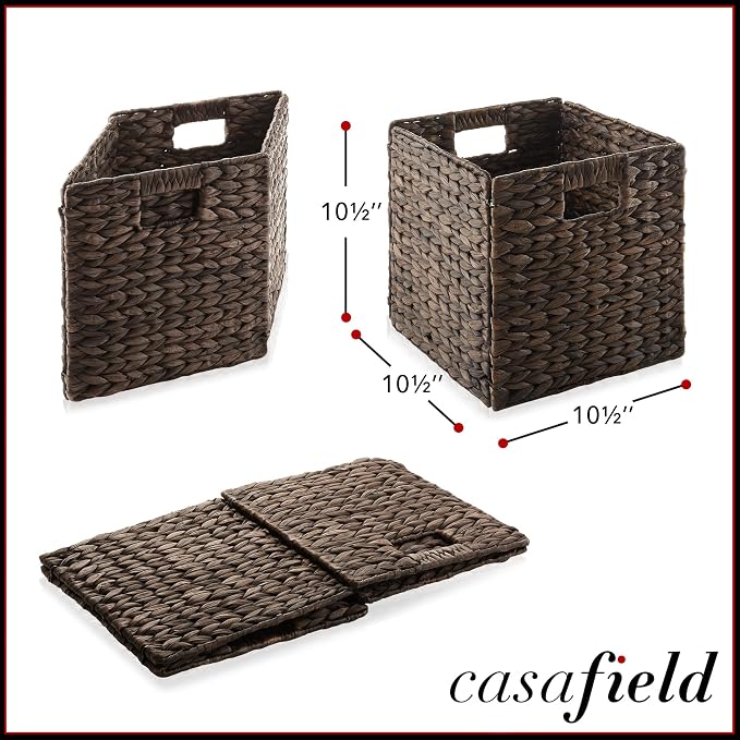 Casafield 10.5" x 10.5" Water Hyacinth Storage Baskets, Espresso - Set of 4 Collapsible Cube Organizers, Woven Bins for Bathroom, Bedroom, Laundry, Pantry, Shelves - Image 7