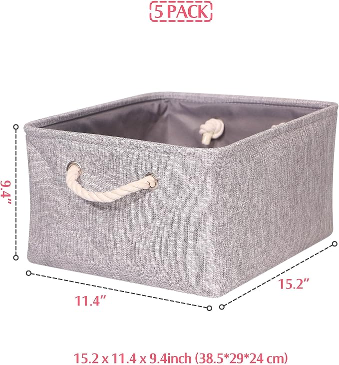 TENABORT 5 Pack Large Storage Basket Bin, Foldable Storage Cube Box Canvas Fabric Collapsible Organizer with Handles for Closet Home Office Clothes Shelf, Grey - Image 2