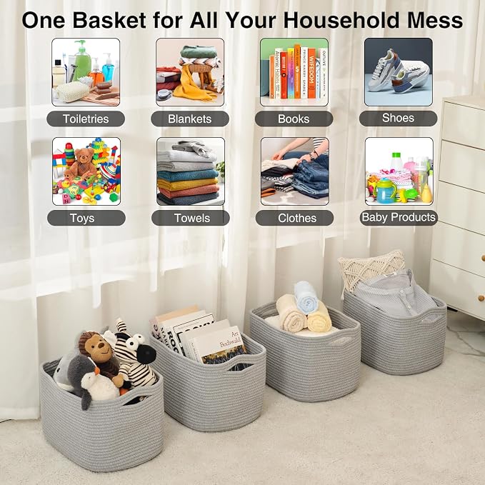 ICERZCZ Woven Cotton Rope Storage Baskets for Organizing & Shelves, Organization Bins for Dog Toys, Clothes, Books, Nursery Organizer, 15"x11"x9", Grey (4 Packs) - Image 3