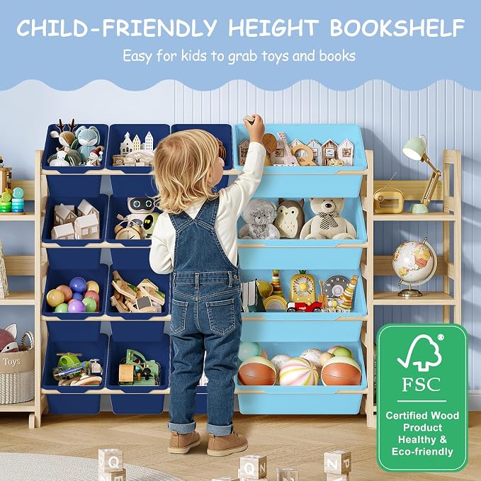 EXPERLAM Extra Large Toy Storage - Toy Storage Organizer, Wooden Toy Organizer with 6 Side Shelves and 16 Bins, 3-in-1 Bookshelf for Kids Rooms, Playroom, Nursery, Blue - Image 8