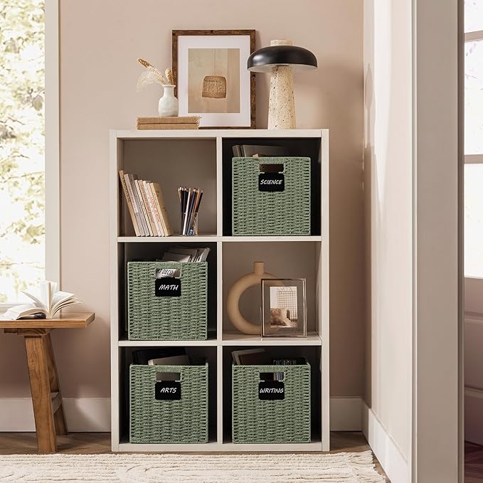 UBBCARE 2 Pack Wicker Basket, 10.5×10.5 Storage Cubes with Label, Foldable Cube Storage Bin with Handle, Square Storage Basket for Shelves, Woven Paper Rope Basket for Organizing, Green - Image 6