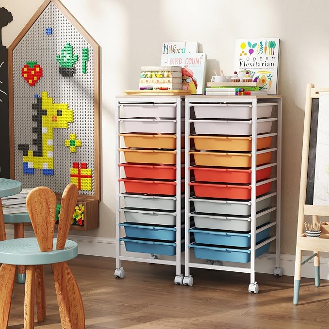 Giantex Rolling Storage Cart with 10 Drawers, Utility Cart w/Wooden Tabletop, Lockable Wheels, Multipurpose Organizer for Art Craft Books Paper, Drawer Carts for Dorm Classroom Office, Macaron - Image 2