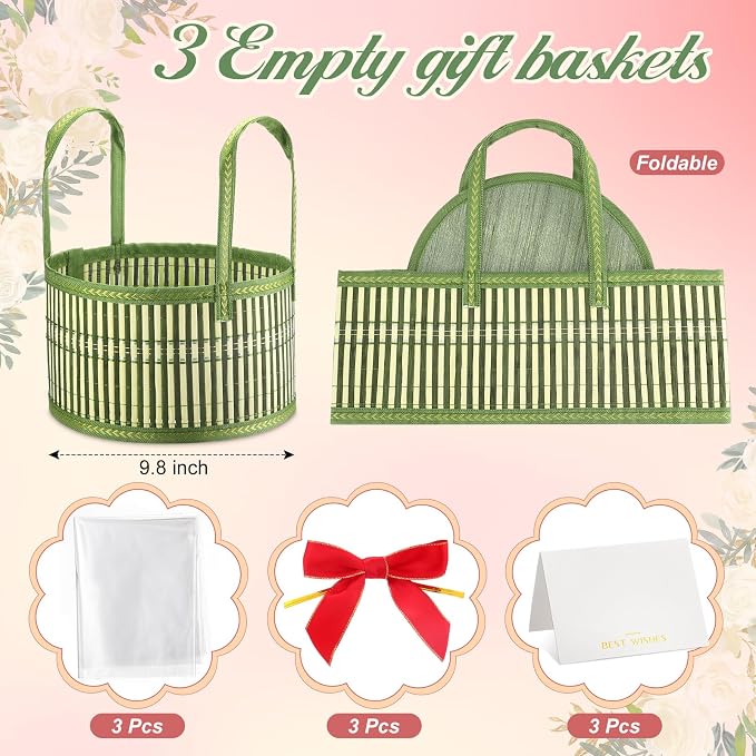 Weysat 3 Set Baskets for Gifts Empty Bulk, Large Woven Bamboo Gift Basket Kit with Handles, Bow, Wrap Bag to Fill for Raffle Thanksgiving Day Wedding Birthdays Party Wrapping (Green) - Image 2